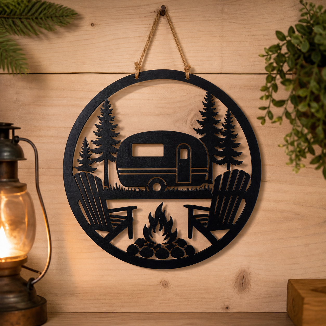 Décoration murale camping – Roulotte & feu de camp | MDF noir découpé 🔥
