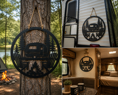 Décoration murale camping – Roulotte & feu de camp | MDF noir découpé 🔥