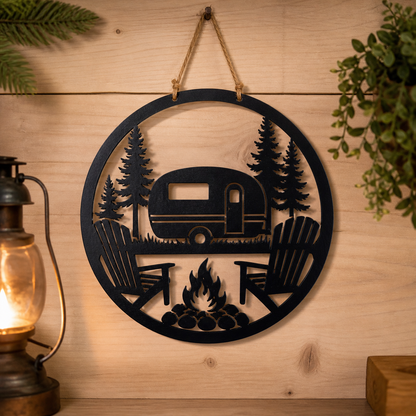 Décoration murale camping – Roulotte & feu de camp | MDF noir découpé 🔥