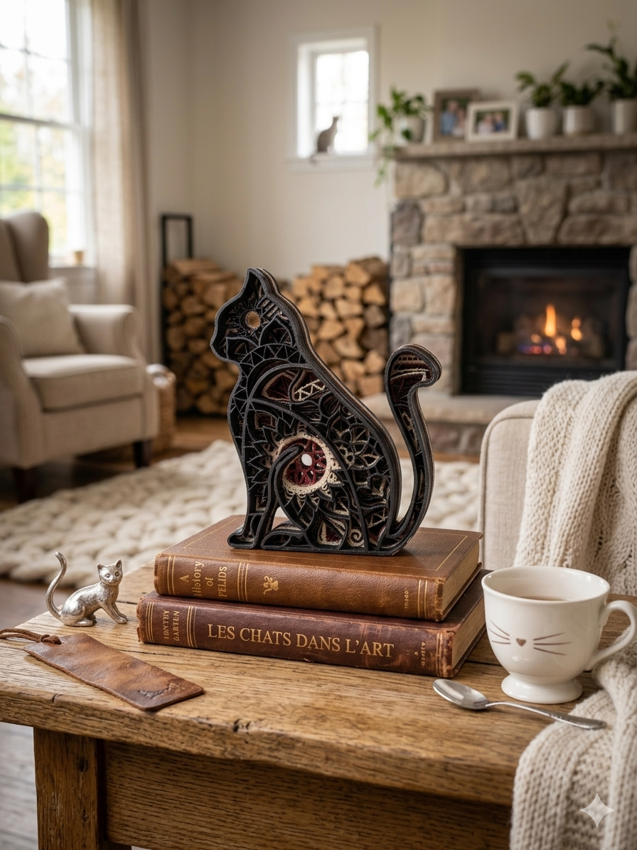 Chat Décoratif en Bois Multi-Couches – 5 Épaisseurs (Effet 3D)